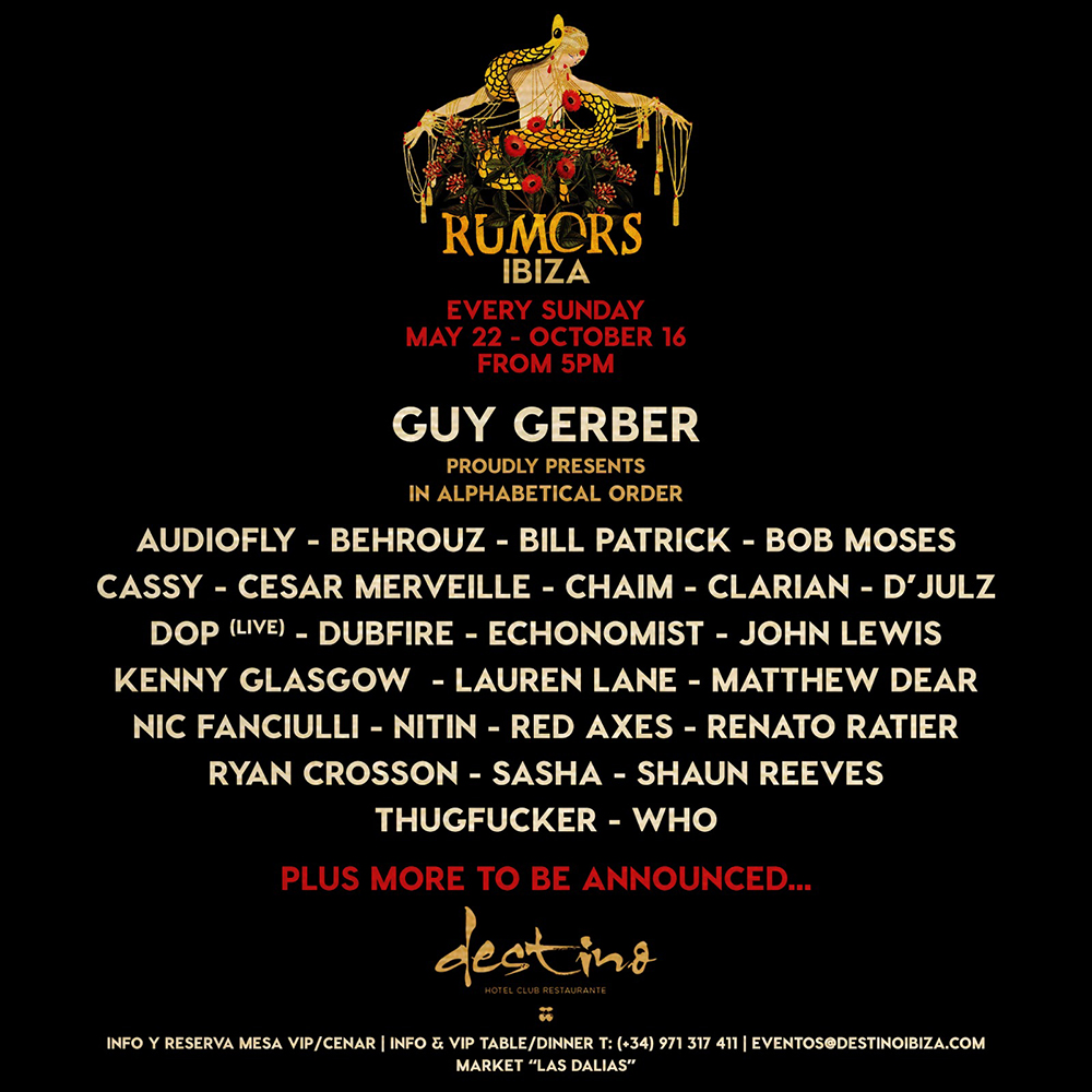 Guy Gerber books Sasha, Bob Moses, Cassy for RUMORS Ibiza 2016 cover